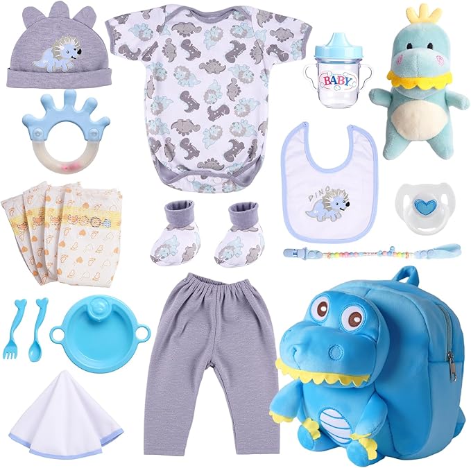 BABESIDE Baby Doll Accessories for 17-22 Inch Dolls – 18 Piecs Dinosaur Reborn Baby Doll Accessories Set with Baby Doll Clothes, Backpack, Feeding Set, Birthday Gift for Boys & Girls
