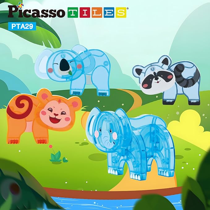 PicassoTiles Magnet Tile Animal Friends Action Figure Playset Mix or Match Figurine Wildlife Character Toy STEM Learning Construction Building Magnetic Tiles Educational Pretend Play Kit Ages 3+ PTA29