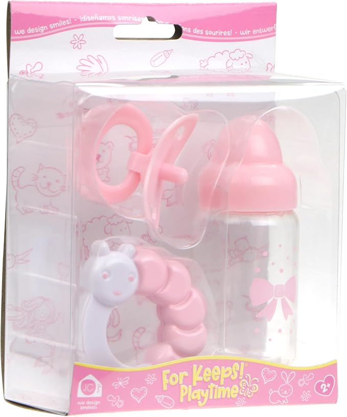 Pink Baby Doll Bottle, Rattle & Pacifier Set | JC Toys - for Keeps Playtime! | Fits Many Dolls up to 15" | Play Accessories | Ages 2+