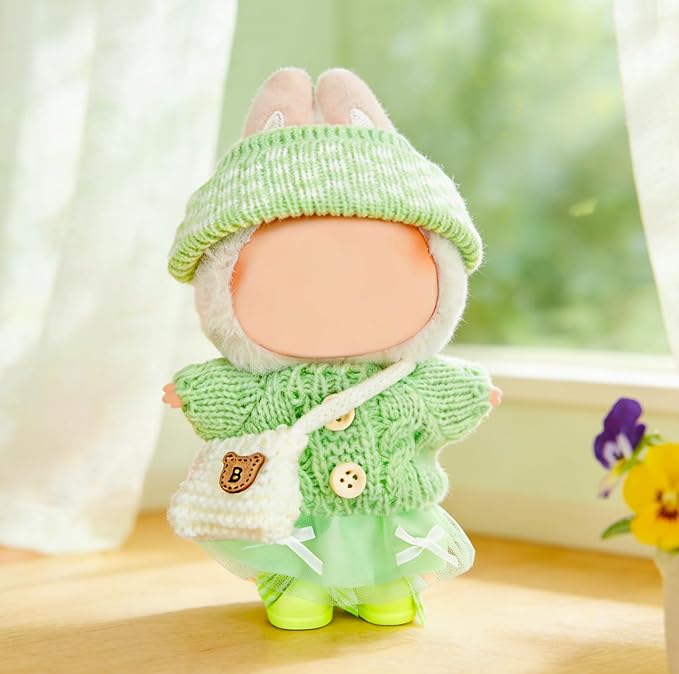 17cm Doll Clothes for Lububu,Outfits Set with Hand-Crocheted Green Sweater, Hat, Skirt, Shoes and Bag, Designer Clothing and Accessories for Macarons Series Dolls Dress-Up(Green Sweater Skirt)