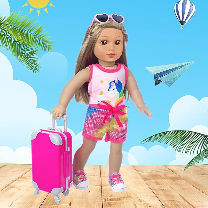 XFEYUE 23 Pcs American 18 inch Doll Clothes and Accessories - Suitcase Luggage , Pillow, Sunglasses, Camera, Passport, Mobile Phone , Computer Doll Travel Gear Play Set (No Dolls)