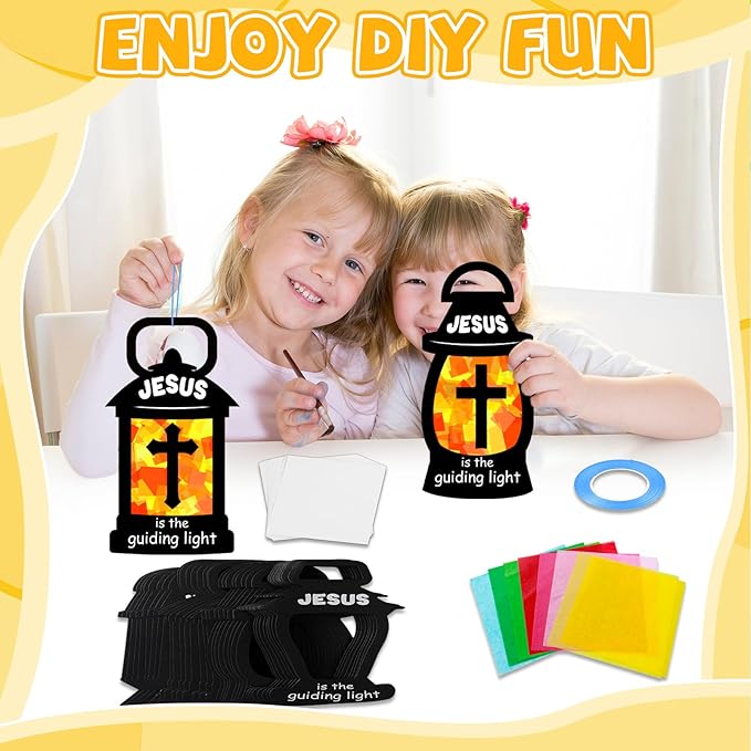 32 Set Christian Suncatchers Crafts Kits Jesus is The Guiding Light DIY Religious Window Stained Glass Hanging Ornament Easter Holiday VBS Paper Craft Holy Night Lent Sunday School Activities