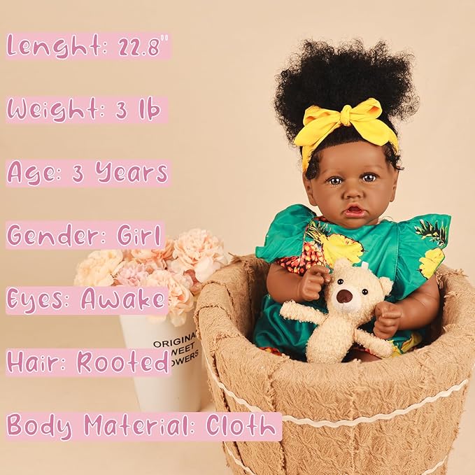 HOOMAI Reborn Baby Black Dolls African American Lifelike Silicone Doll Realistic 22.8 Inch with Cloth Body Birthday Gift Set for Ages 3+