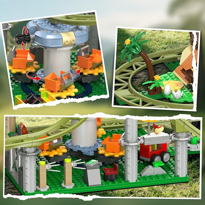 HOGOKIDS Dinosaur Roller Coaster Building Set - 1222 PCS Roller Coaster Building Toy with 4 Dinosaur, Off-Road Vehicle, Food Cart, Dinosaur Models Playset, Gifts for Adults Girls Boys Ages 8-12 Years