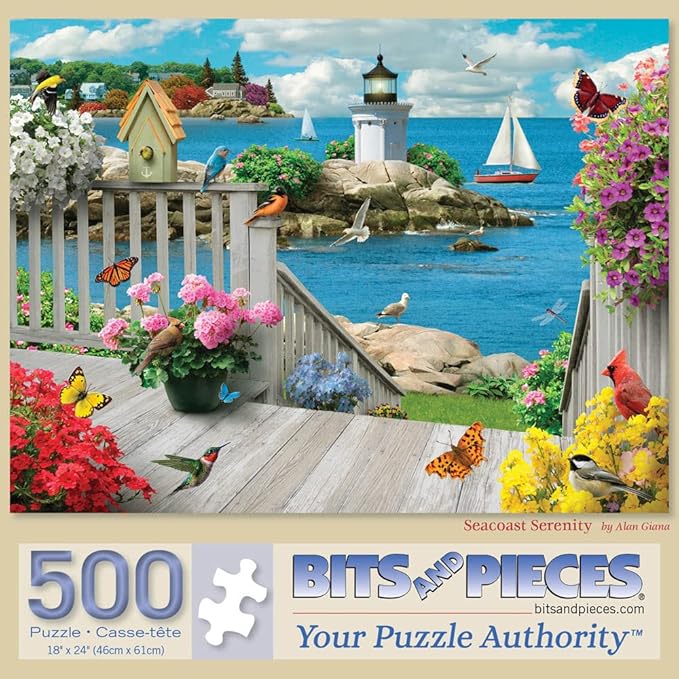 Bits and Pieces – 500 Piece Jigsaw Puzzle for Adults – Seacoast Serenity - Ocean Boat Birds Summer Light House Flower Jigsaw Puzzle by Artist Alan Giana, Completed Puzzle Size: 18" x 24"