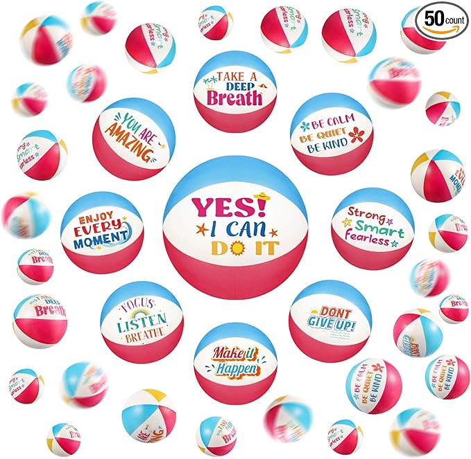 Blulu 50 Pcs Mini Beach Stress Balls with Motivational Quotes 2.5" Foam Bulk Rainbow Squeeze Sports Toys with Storage Bag for Hawaiian Beach Party Favors Birthday Gifts Rewards