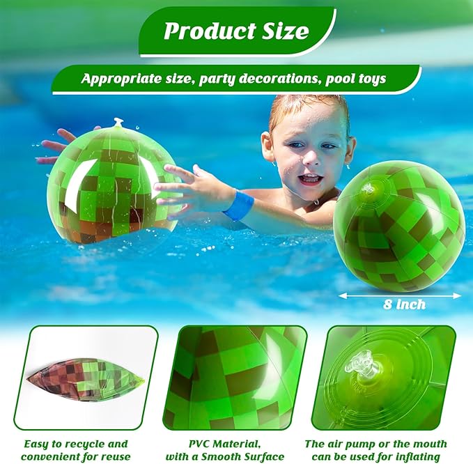 8PCS 8Inch Beach Ball Set for Green Pixel Themed Birthday Party Decorations,Pool Party Supplies,Summer Outdoor Activities,Kids Party Favors,Class Celebration & Holiday Games (8PCS Green+Brown 8inch)