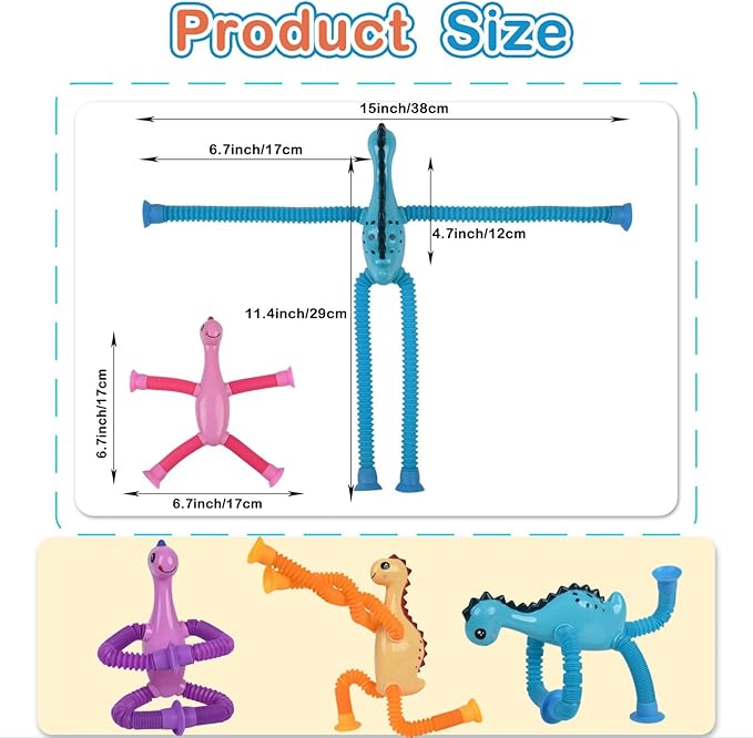 Dinosaur Pop Tubes Fidget Toys, 4 Pack Telescopic Suction Cup Toy for Kids Toddlers, Animal Autism Sensory Toy for Boys Girls, Funny Stocking Stuffers for Boys Girls Christmas Birthday Gift