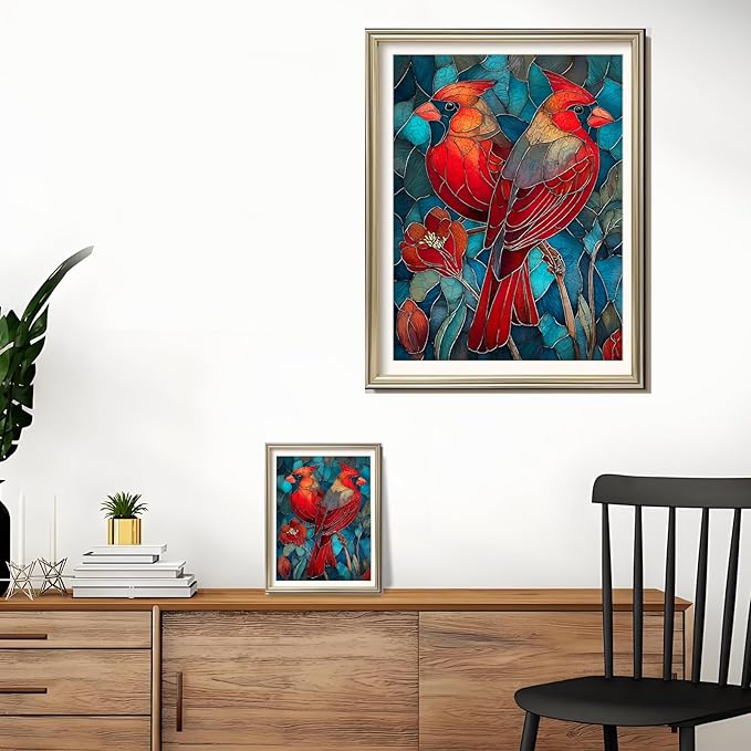 Wooden Puzzles for Adults - Cardinals Stained Glass Unique Shaped Pieces, 200 Pieces Flower Cardinal Bird Art Puzzle, Beautiful Home Wall Decor & Gift for Bird Lovers, Family Game, 8.9 * 11.8in
