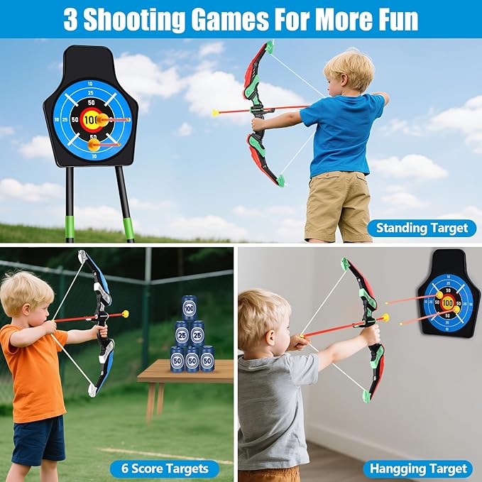 Bow and Arrow for Kids : LED Light Up Archery Set with 24 Suction Cup Arrows, 1 Standing Target, 6 Score Targets & 2 Quiver | Indoor Outdoor Sport Gifts for Boys Girls Ages 4 5 6 7 8 9 10 | 2 Pack