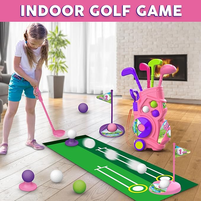 Letapapa Toddler Golf Set with Putting Mat, 4 Clubs, 8 Balls, 2 Practice Holes for Kids 3-5 Years Old, Indoor Outdoor Sports Toys with Shoulder Strap, 20 Pieces