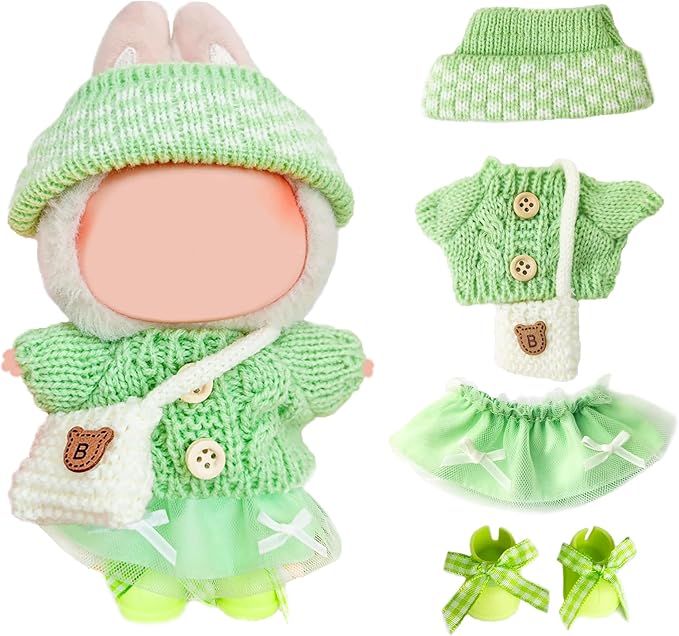 17cm Doll Clothes for Lububu,Outfits Set with Hand-Crocheted Green Sweater, Hat, Skirt, Shoes and Bag, Designer Clothing and Accessories for Macarons Series Dolls Dress-Up(Green Sweater Skirt)