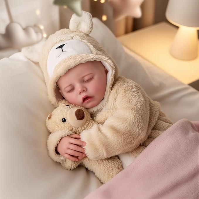 BABESIDE Drink and Wet Reborn Baby Doll – 17 Inch Realistic Sleeping Newborn, Can Drink Water & Pee, Full Body Soft Vinyl Real Life Baby Doll Girl in Bear Outfit, for Kids Age 3+