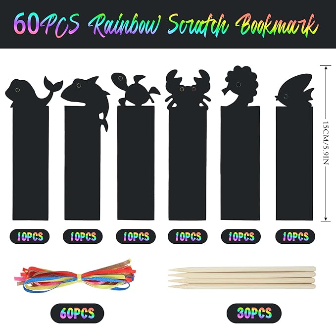 60PCS 6Style Scratch Paper Art Bookmarks Magic Scratch Rainbow Bookmarks Making Kit DIY Bookmarks Bulk with Scratching Tools Ribbons for Party Favors Activities