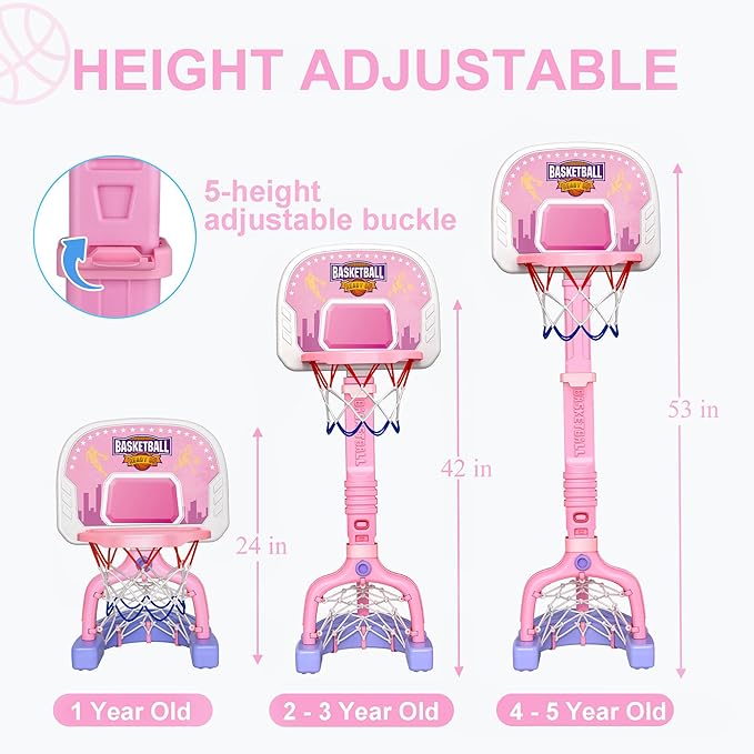 Toddler Basketball Hoop Indoor, 2-in-1 Adjustable Kids Basketball Hoop and Soccer Goal for Ages 1-3 3-5, Mini Baby Basketball Hoop Set with 4 Balls for Girls Child Indoor Outdoor Poolside Pink