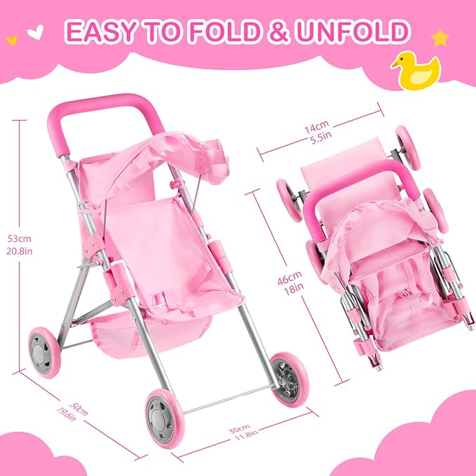 GAGAKU Baby Doll Stroller for Toddlers, Foldable Toy Stroller with Storage Basket and Bag, Diapers - Reborn Doll Accessories for Girls & Kids Ages 3+, Pink