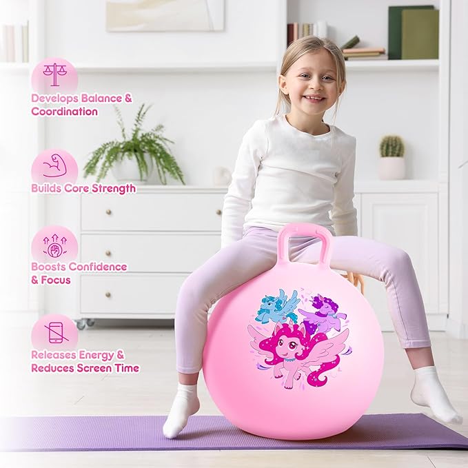 PlayZap Hopper Balls for Kids 3-8, 18 Inches Bouncy Ball with Handle, Inflatable Bouncing Hopper, Jumping Hopping Toys Hippity Hop Girls Boys Gifts, Pink