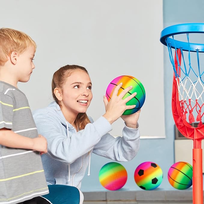 Lenwen 15 Pieces Rainbow Playground Sports Balls for Kids with 1 Hand Pump 6 Inch Inflatable Ball Basketball Soccer Kickball Dodgeball for Kids Teenagers Over 6 Indoor Outdoor Schoolyard Ball Games