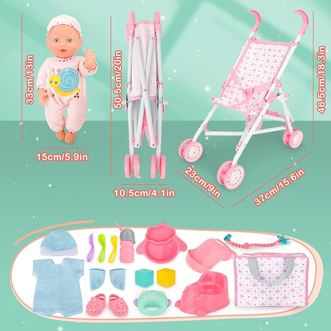 deAO Baby Doll Stroller Set with 13 inch Doll,Kids Play Stroller Toys,13" Baby Doll Set with Foldable Doll Stroller,18 PCS Baby Doll Accessories with 2 Sets Doll Clothes