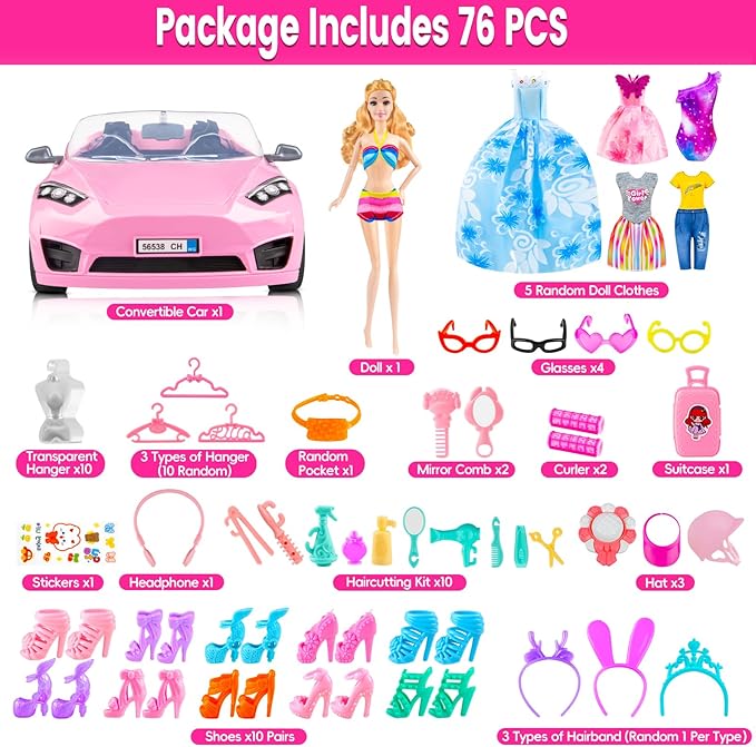 76 Pcs Doll & Convertible Car Playset,Included 11.5 in Dol-l,Car,Princess Dresses,Fashion Dresses,Casual Clothing,Swimsuits,Bags,Shoes,Doll Playset,Doll Dress up Toys for Girls Kids Toddlers Gifts