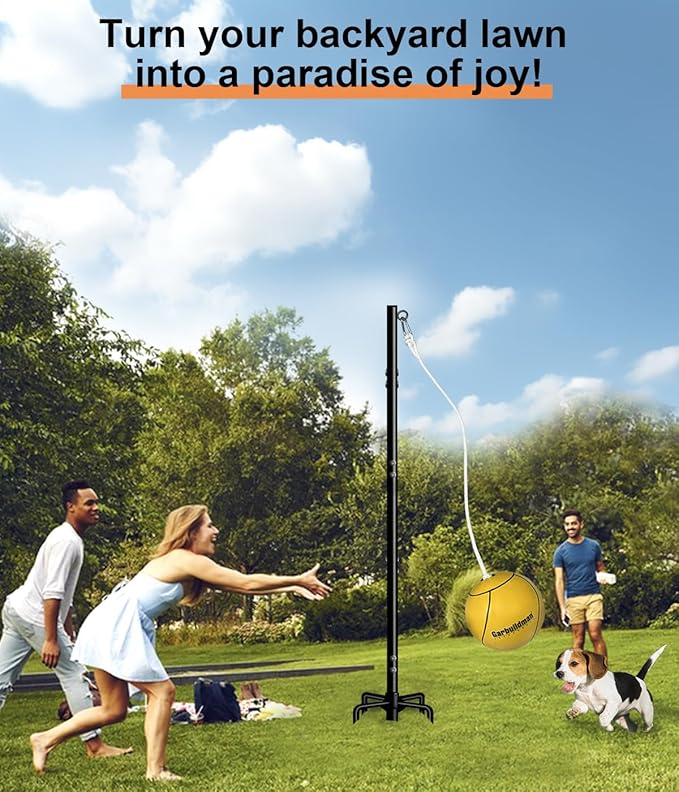 Garbuildman Tetherball Set with Ball & Rope for Outdoor Backyard, Adjustable Tether Ball Pole with Screw Reinforcement 5-Prong Base for Playground, Outside Ball Games Sports for Kids & Adults