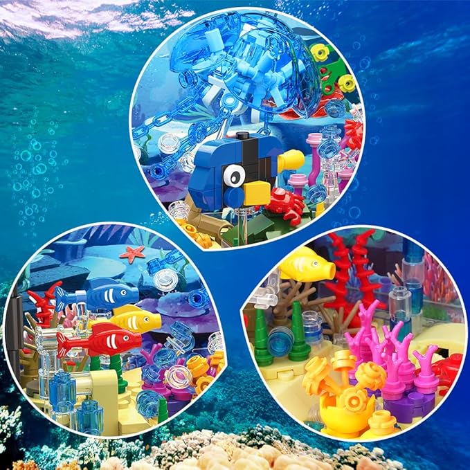 HOGOKIDS Fish Tank Building Set with LED Light - Movable Aquarium Building Toys for Adults Kids | 725PCS Creative Aquarium Toy with Jellyfish, Fish Animal Educational Gift for Boys Girls Age 8-14