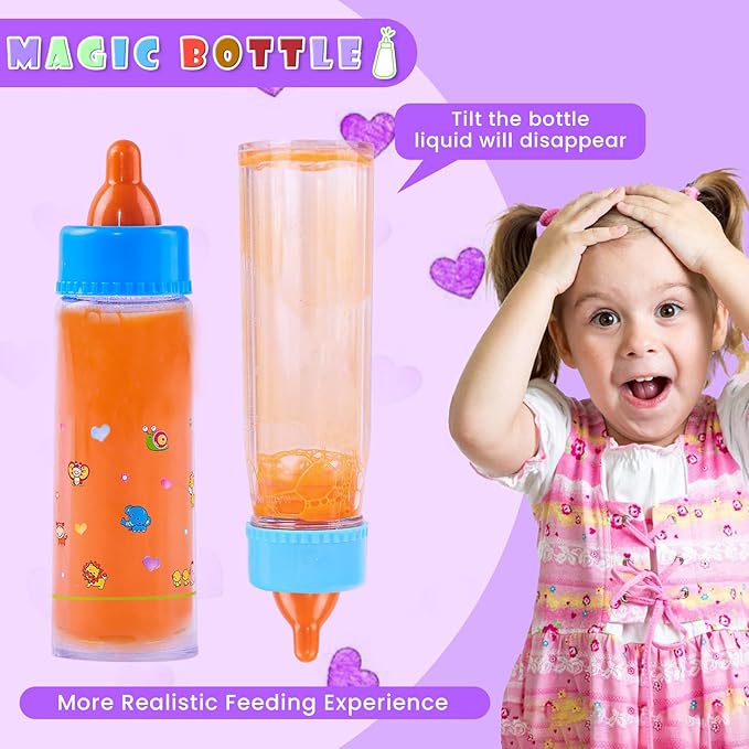 SCOM Baby Doll Bottle Accessories - 6 Pcs Feeding Bottle Toys, Magic Disappearing Milk & Juice, Pretend Play Set with Pacifiers Kids Gift Light Purple