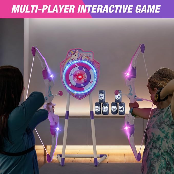 2 Pack Bow and Arrow for Kids, LED Light Up Unicorn Archery Set with 24 Suction Cup Arrows, 1 Standing Glow Target, 6 Score Targets & 2 Quivers, Indoor Outdoor Sport Toys for Girls Ages 4-12