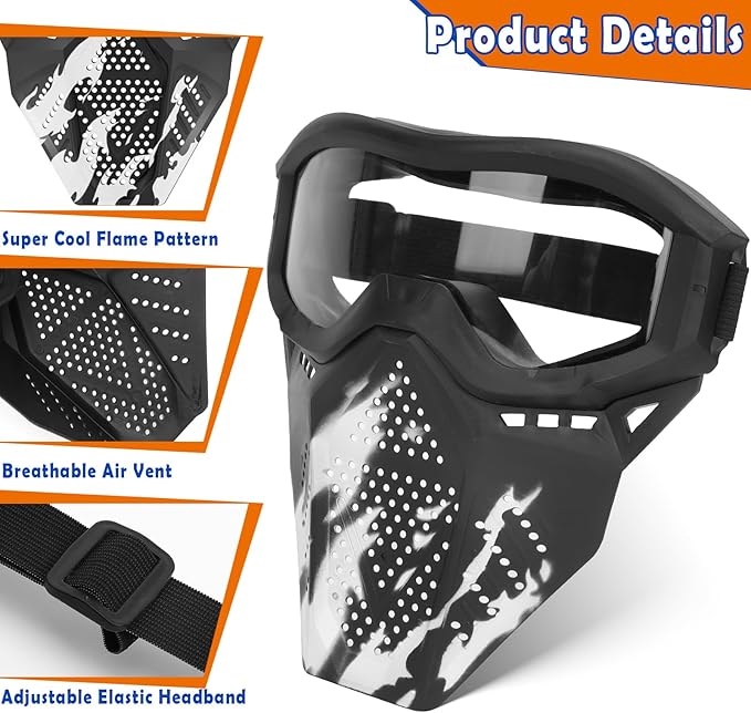 POKONBOY Upgraded 2 Pack Tactical Mask, Mask with Goggles Compatible with Nerf Rival, Apollo, Zeus, Khaos, Atlas, Artemis and N-Strike Elite Blasters (White & Black)