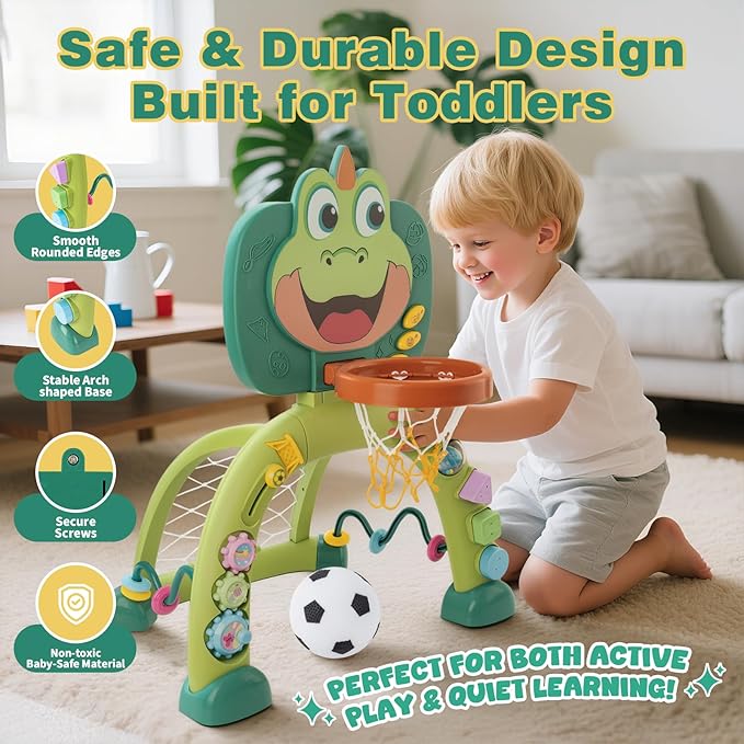 Basketball Hoop & Soccer Goal for Toddlers: Activity Center for 1 2 3 Year Old Boys Girls - Dinosaur Sports Toy with Lights & Music - Educational Interactive Toy Gift for Baby Kids Christmas Birthday