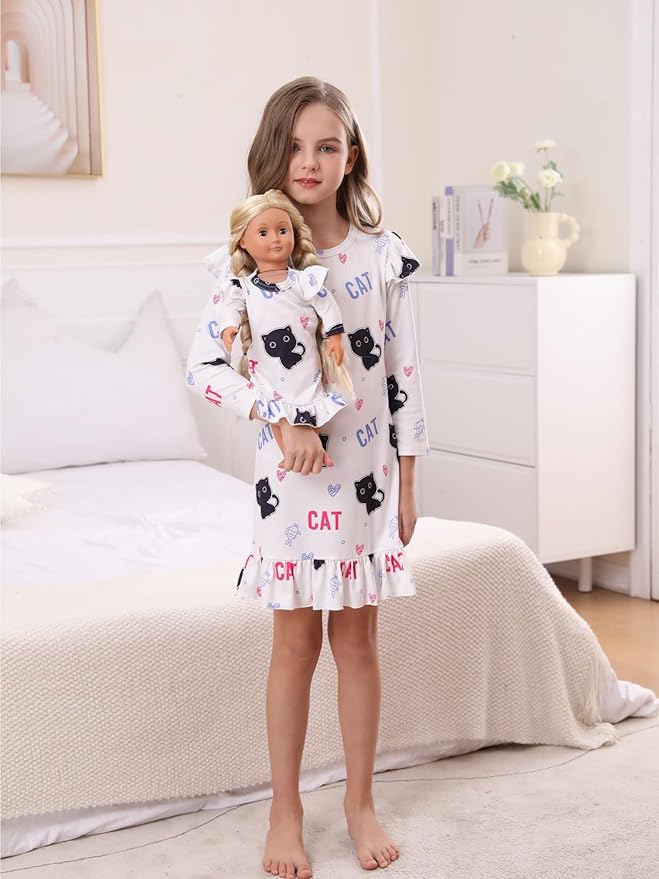 Bow Dream Girl Dress Cute Cartoon and Matching American Girl Doll Clothes Accessories for Girls Dresses White Cat