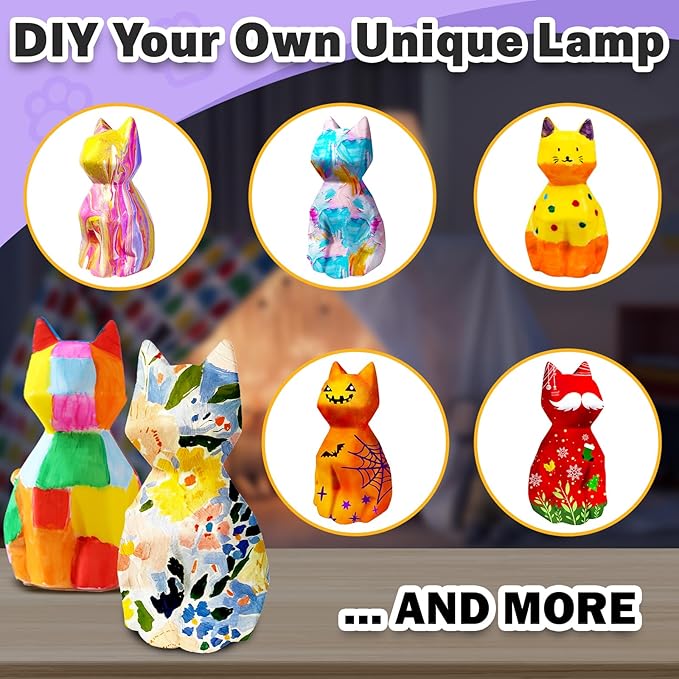 FUNZBO 2pcs Paint Your Own Cat Lamp - Easter Basket Stuffers, Arts and Crafts Supplies Painting Kits for Kids Teens, DIY Night Light Toy for Girls Boys Ages 3 4 5 6 7 8 9 10 11 12 13 Birthday Gifts