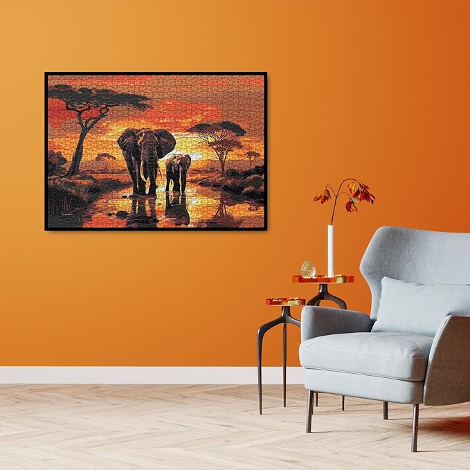 Sunset Elephant Puzzles for Adults 1000 Pieces, Nature Wildlife Scenic Jigsaw Puzzles, African Animal Art Puzzles