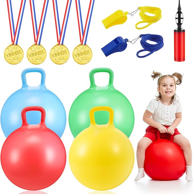 Soulchen 11 Pcs Carnival Outdoor Games Set with 4 Pieces 20 Inch Hopper Balls with Handle 1 Air Pump 2 Whistles 4 Plastic Medals Fall Festival Christmas Yard Games for Adult Boys Girls