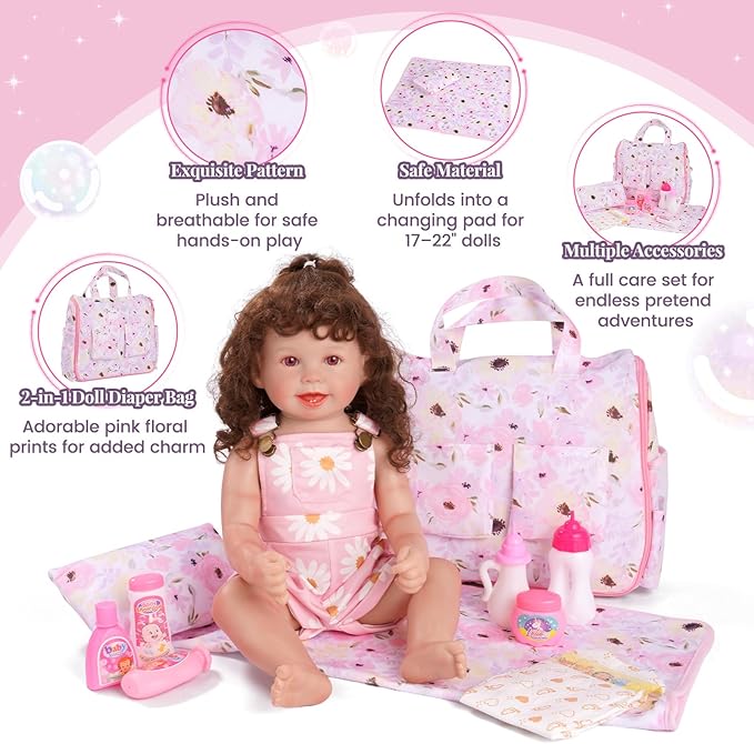 BABESIDE 10 Pcs Baby Doll Diaper Bag Set, Reborn Baby Doll Accessories Set with 2-in-1 Diaper Bag Changing Pad and Baby Dolls Bath Set for Kids Pretend Play Toys, Pink