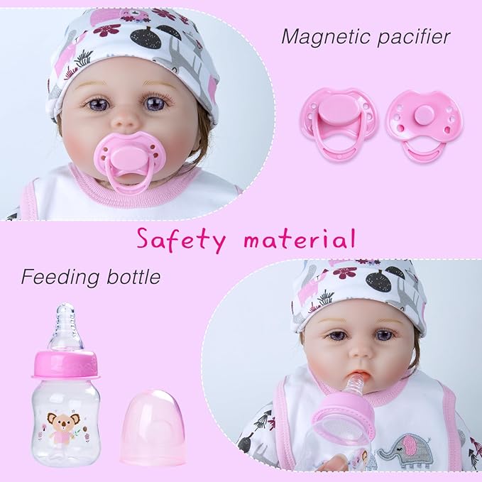 13PCS Reborn Baby Doll Clothes 17-22 Inch Pink Elephant Reborn Newborn Baby Doll Carrier Bassinet Accessories Girl Sets