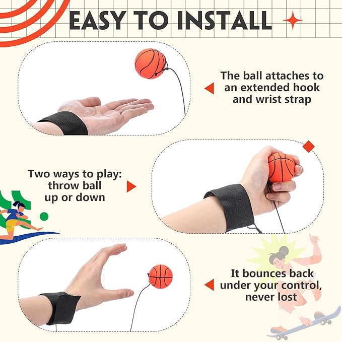 Skylety Wrist Return Ball on a String 1.85'' Rebound Sport Ball with Elastic Strap and String, Basketball Baseball Soccer Tennis Wristband Toy for Teens Adults Gifts, Wrist Exercise or Play