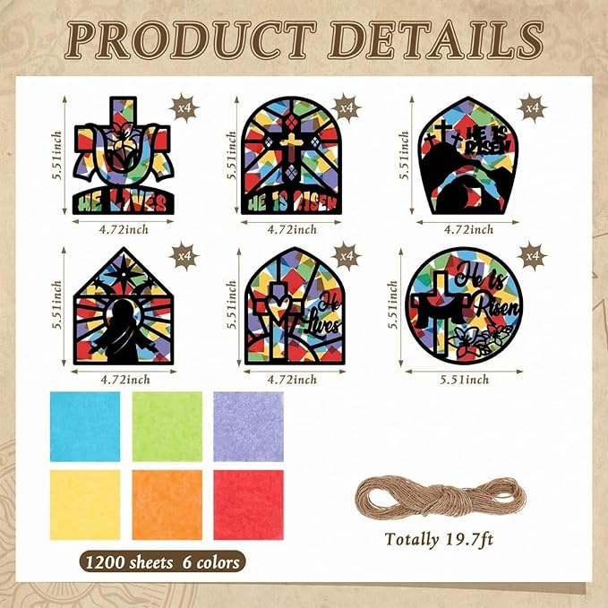 24 Set Easter Suncatchers Crafts DIY Christian Paper Cross Kit He is Risen Craft Jesus Religious DIY Hanging Decor Window Art Activity Gifts for Sunday School VBS Church Decoration