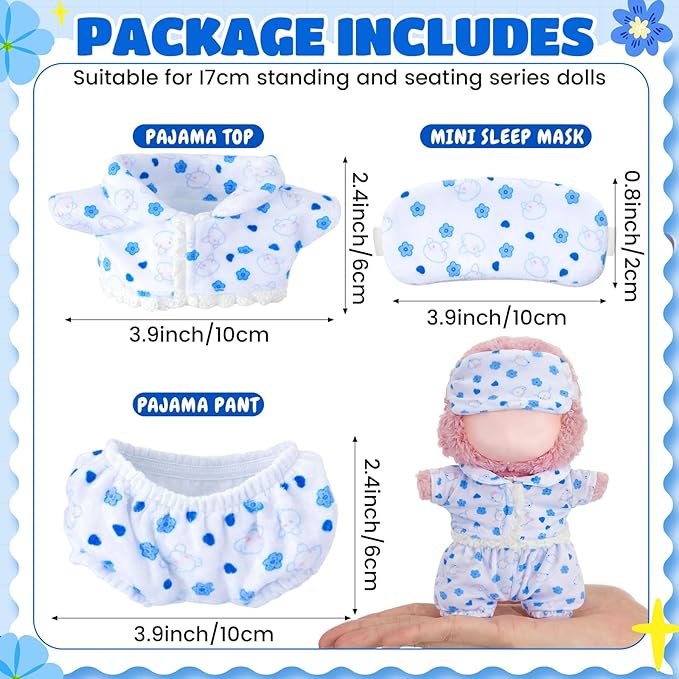 Simgoing 17cm Doll Clothes Pajamas Set with Pants Eye Mask Good Night Bedding Clothes Outfit Gifts Fits 17cm Dolls Accessories for DIY Dress up Lovers (Cute Blue Flower)