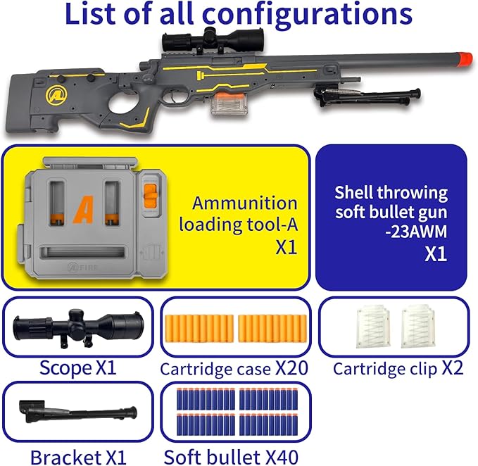 AGM MASTECH AWM Foam Dart Blaster, Shell Ejecting Model with Scope, Metal Components, Foldable Stock, 40 Darts, 20 Shells. Tactical CS Game Prop for Teens 14+ and Adults (Gold)