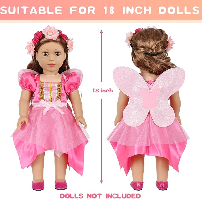 American 18 Inch Doll Makeup Accessories and Butterfly Fairy Theme Set,Included 2 Pieces Clothes,Flower Wreath Headwear,Eyelash Brush,Eye Shadow,Bracelet,Butterfly Strap and Hair Clip(NO Doll)