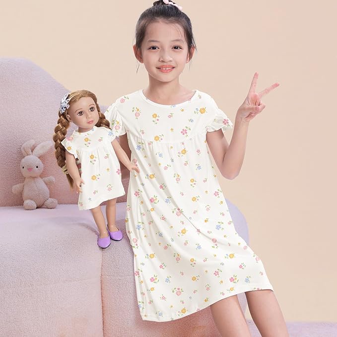ICOSY Matching Doll & Girls Nightgowns Clothes Girls Pajamas Sleepwear Outfit for Kids and 18" Girl Doll