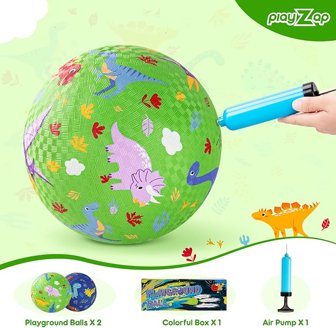 PlayZap 2 Pack Playground Balls for Toddlers, Dinosaur Kickballs for Kids 3-12, 8.5" Rubber Bouncy Balls with Pump, Indoor & Outdoor Dodgeball Toys for Boys & Girls Gifts