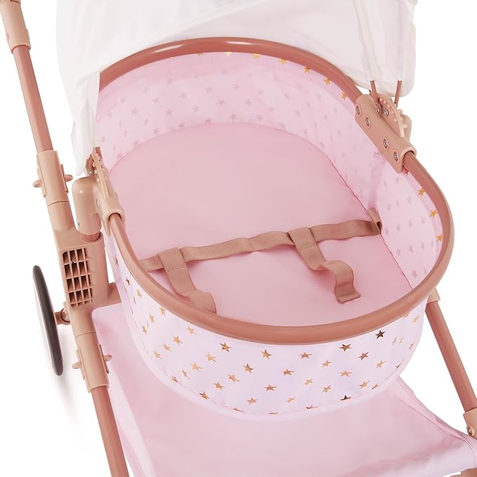 LullaBaby – 14-Inch Accessories – Pink Toy Stroller with Gold Stars for Twins – Foldable Canopy, Swivel Wheels & Storage Basket – Pretend Play 2+ Years
