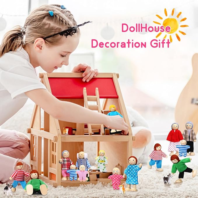 Skylety 20 Pcs Wooden Dollhouse Family Set of 16 Mini People Figures and 4 Pets, Wooden Dollhouse Dolls Cosplay Family Figures Accessories for Pretend Toy(Vivid Style)