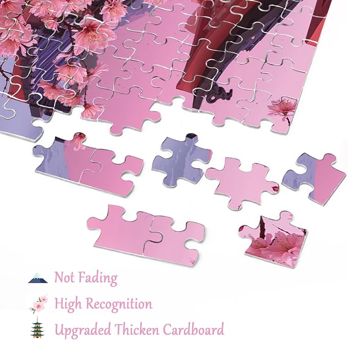Flower Japan Landscape Puzzle for Adults 1000 Pieces, Challenging Cherry Blossom Jigsaw Puzzle, Beautiful Floral Mountain Pink Asian Japanese Puzzle