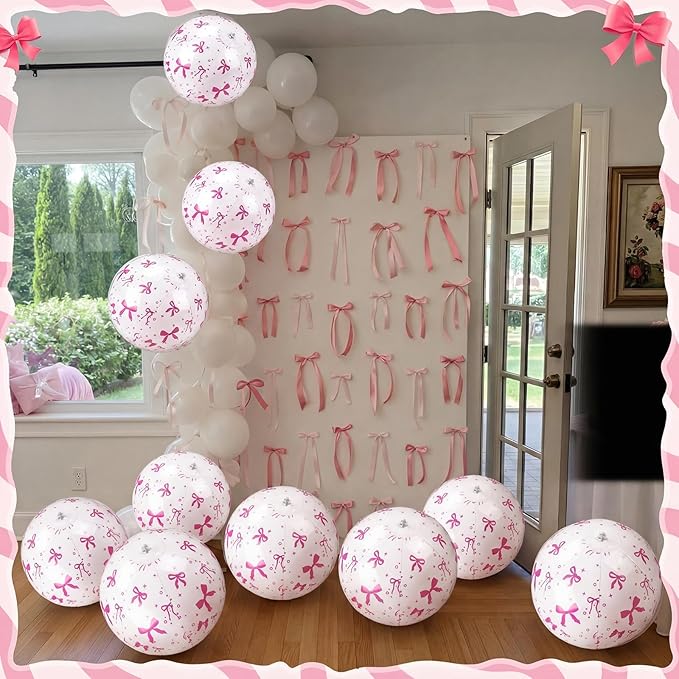 Civaner 12 Pcs Pink Bow Beach Ball 7.87 Inches Inflatable Beach Ball for Bow Party Favors Summer Swimming Pool and Beaches Game Coquette Gifts for Pink Themed Birthday Party