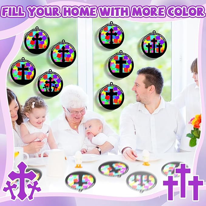 QOUBAI 32 Sets Easter Cross Suncatchers Craft Kit DIY Religious Window Stained Glass Effect Christian VBS Paper Hanging Ornament Kid Sunday School Birthday Gift Creative Art Project Activity Game