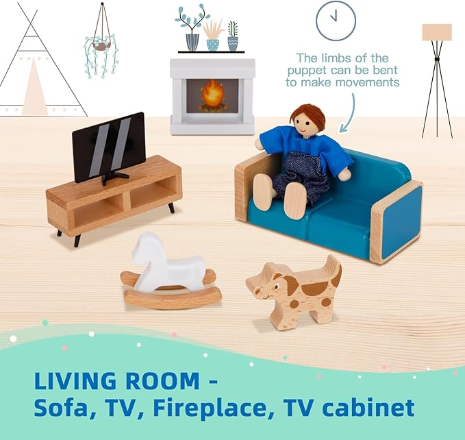 OOOK Wooden Dollhouse for Kids, Doll House with Simulated Luxury Furniture Set, Dollhouse Playset for Girls Toddlers (Including 4 Family Dolls and a Dog)