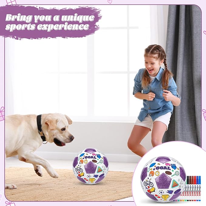 Size 4 Color Your Own Soccer Ball Purple DIY Custom Craft Kit with Pump 12 Markers Personalized Youth Toddler Training Paint Your Own Toy Creative Gift for Kids (Purple Soccer Ball, 4)